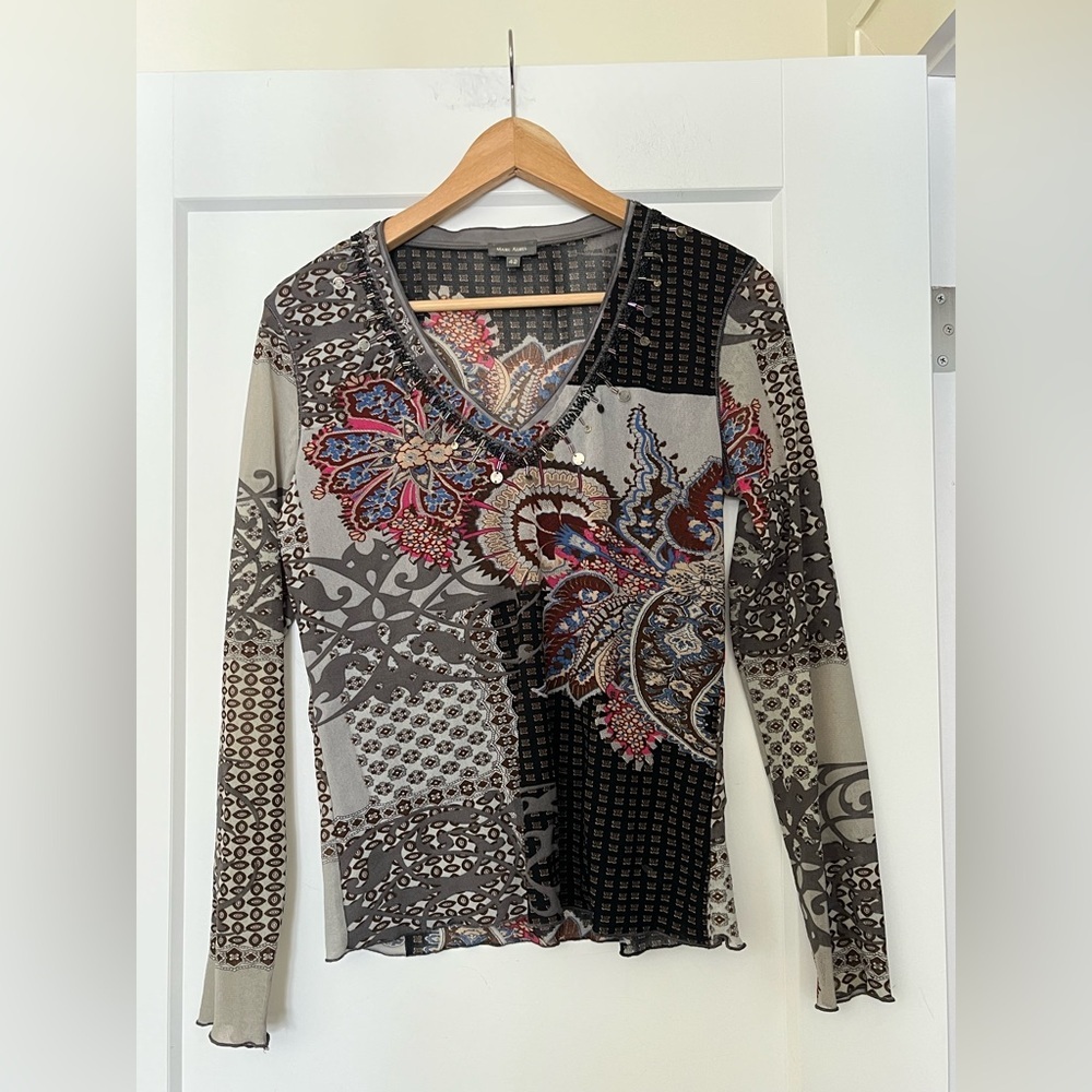 Vintage 90s Y2K Marc Aurel Floral Graphic Semi-Sheer Stretchy Rave Blouse Top